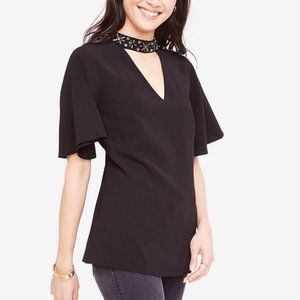 Ann Taylor Jeweled Cut Out Black V-Neck Top